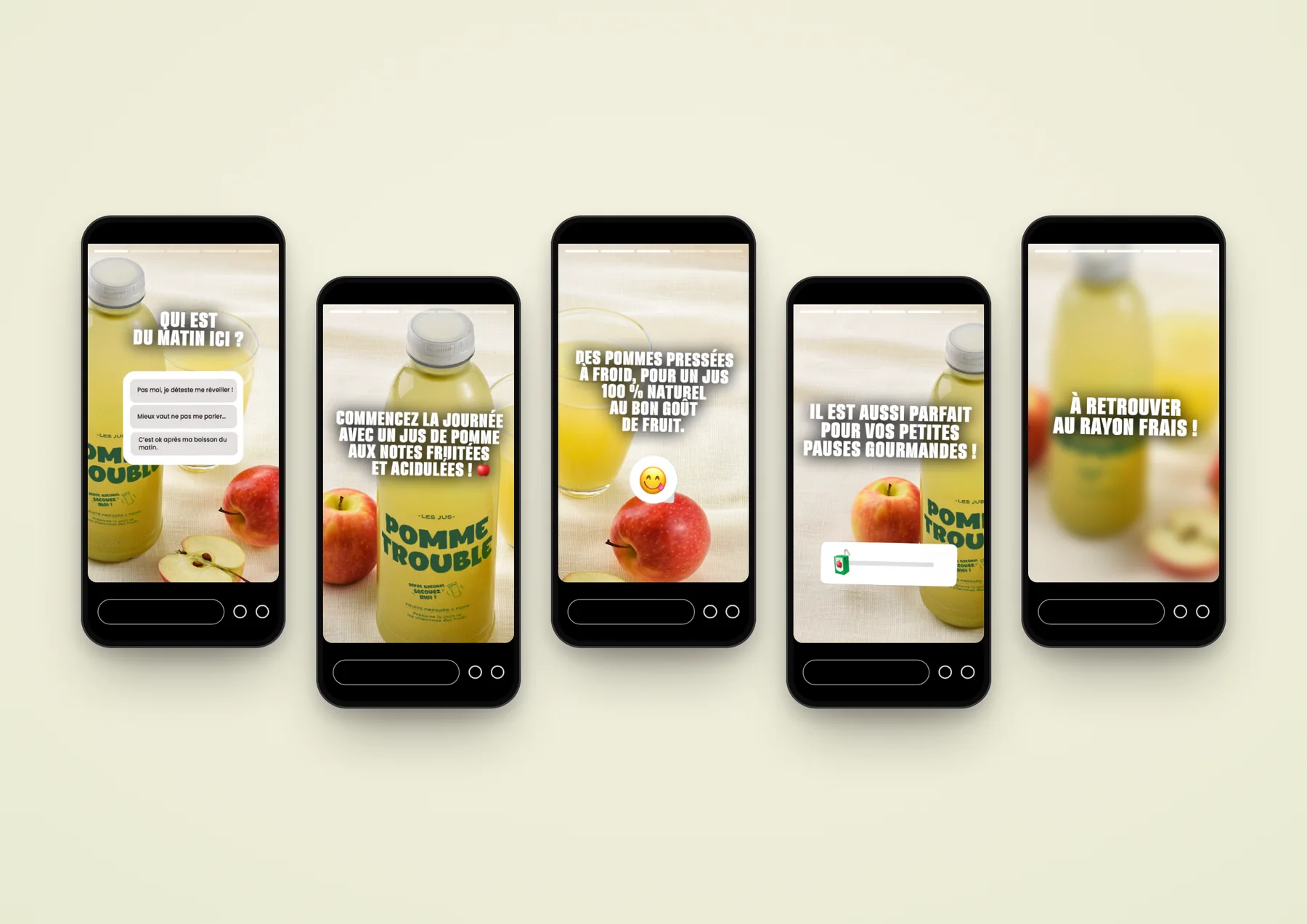 Stories Instagram Grand Frais, jus Pomme Trouble, cinq stories