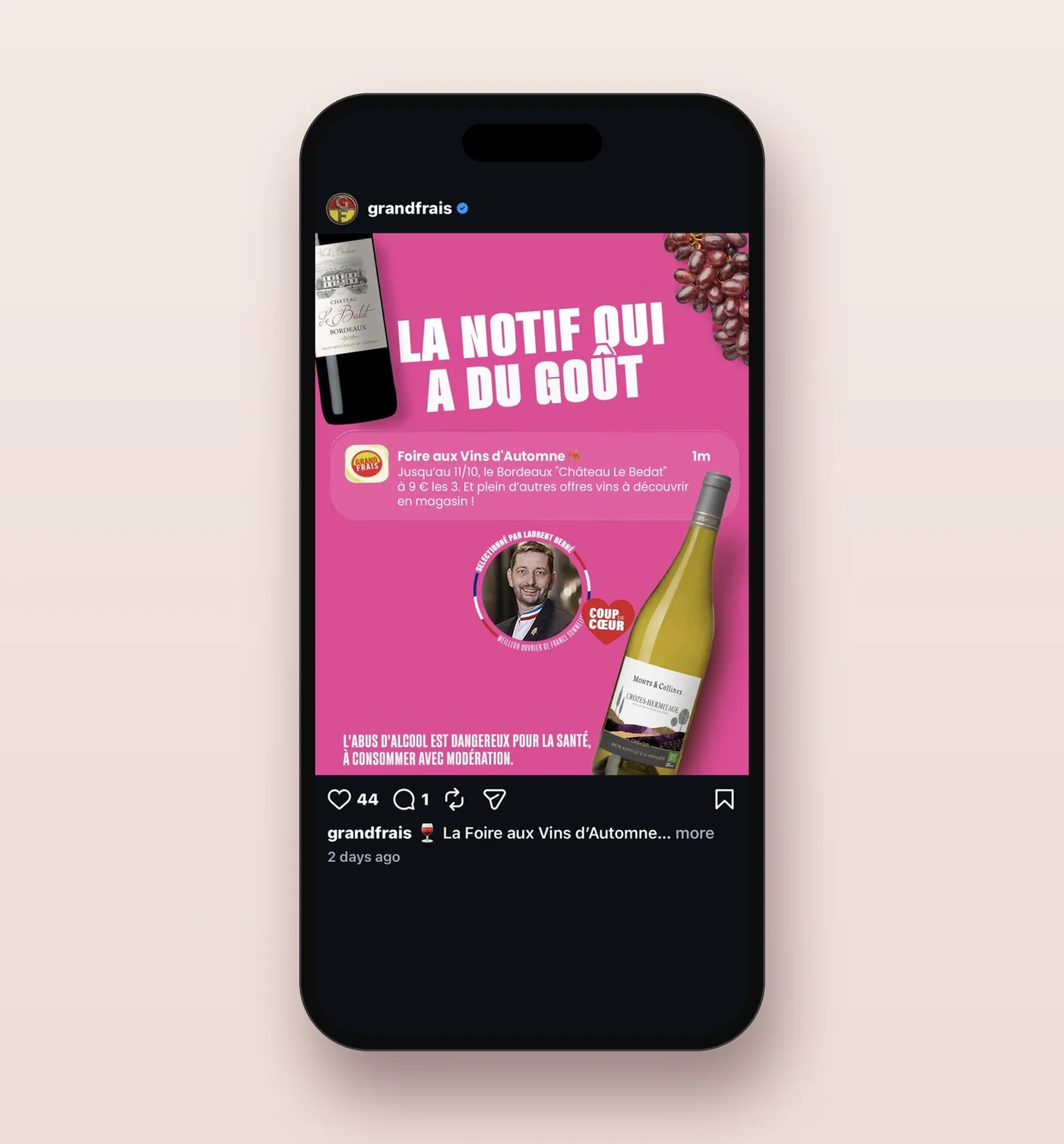 Post Instagram Grand Frais, La notif qui a du goût, foire aux vins d'automne